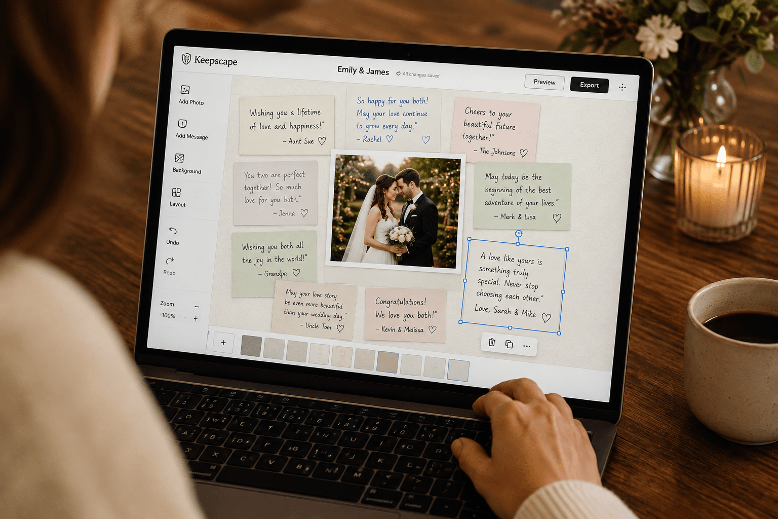 A couple arranging individual handwritten messages and photos on a laptop
